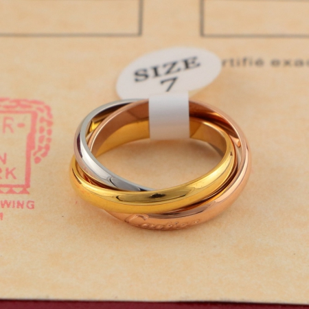 卡地亚三环三色戒指 18K玫瑰金钛钢拼接指环批发