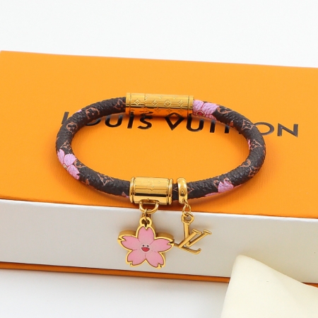 LV村上隆樱花联名手环 欧美时尚皮带钛钢手镯情侣饰