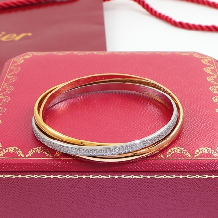 卡地亚三环三色满钻手镯 18K玫瑰金钛钢拼接手镯批发