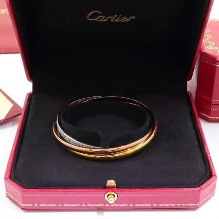 卡地亚三环三色满钻手镯 18K玫瑰金钛钢拼接手镯批发