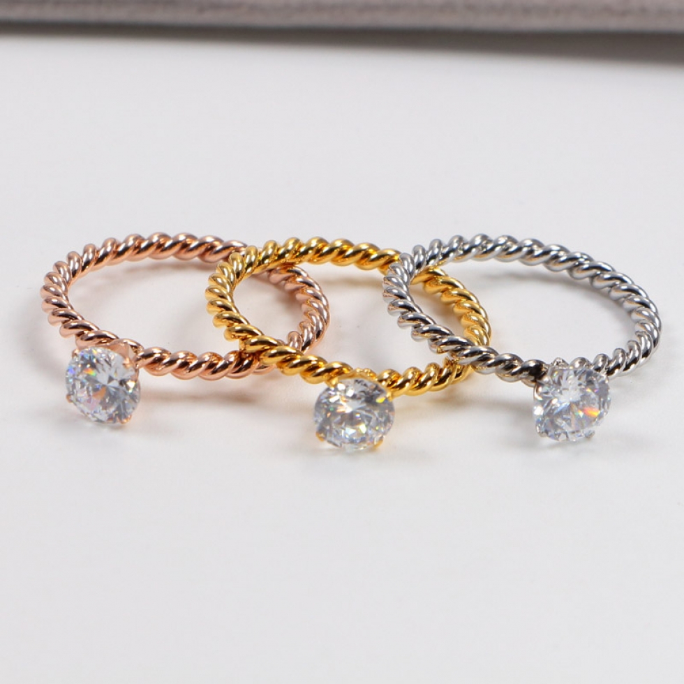 韩版简约单钻麻花镀18K玫瑰金戒指女装饰品小指环批发