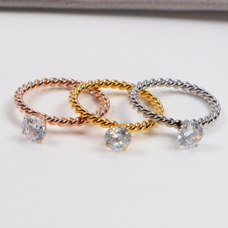 韩版简约单钻麻花镀18K玫瑰金戒指女装饰品小指环批发